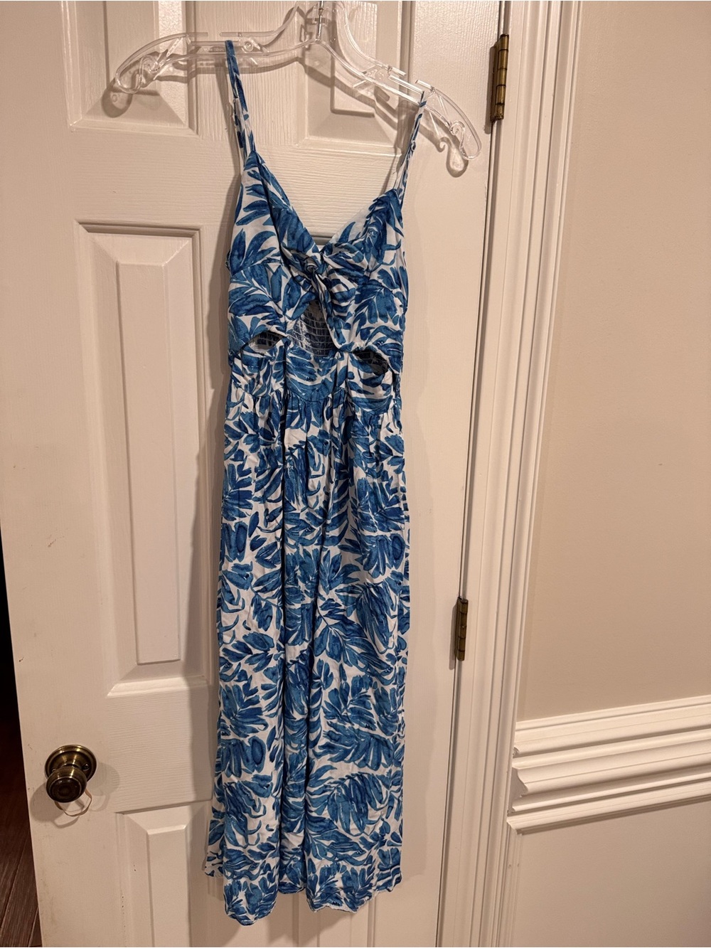 Blue & White Tropical Print Cutout Tie-Front Maxi Dress Size Small